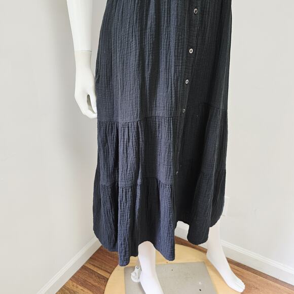 Madewell Dress Size 8 Black Lightspun Gauze Tiered Button Front Midi Pockets - Picture 6 of 16